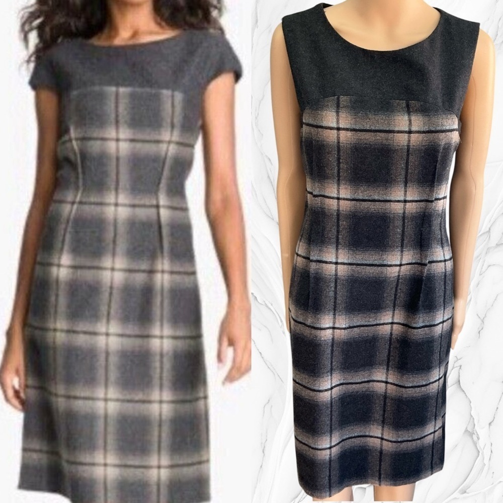 Banana Republic Sleeveless Gray Dress Plaid Wool Blend Dark Academia Midi Dress